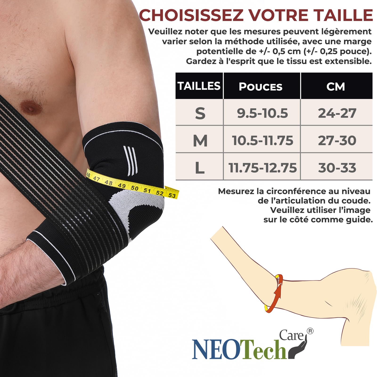 NEOtech Care Coudière - Compression AJUSTABLE - Légère, élastique, flexible, respirante - Protège-coude pour sport, tennis, golf (Noire, Taille M, 1 Paire)