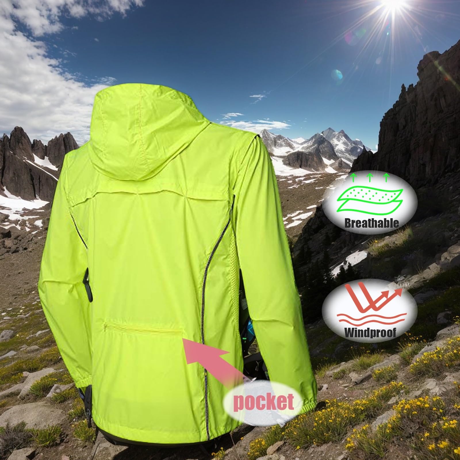Chaqueta Impermeable Hombres, Ciclismo Con Bolsillos Abrigos Con Capucha Plegable