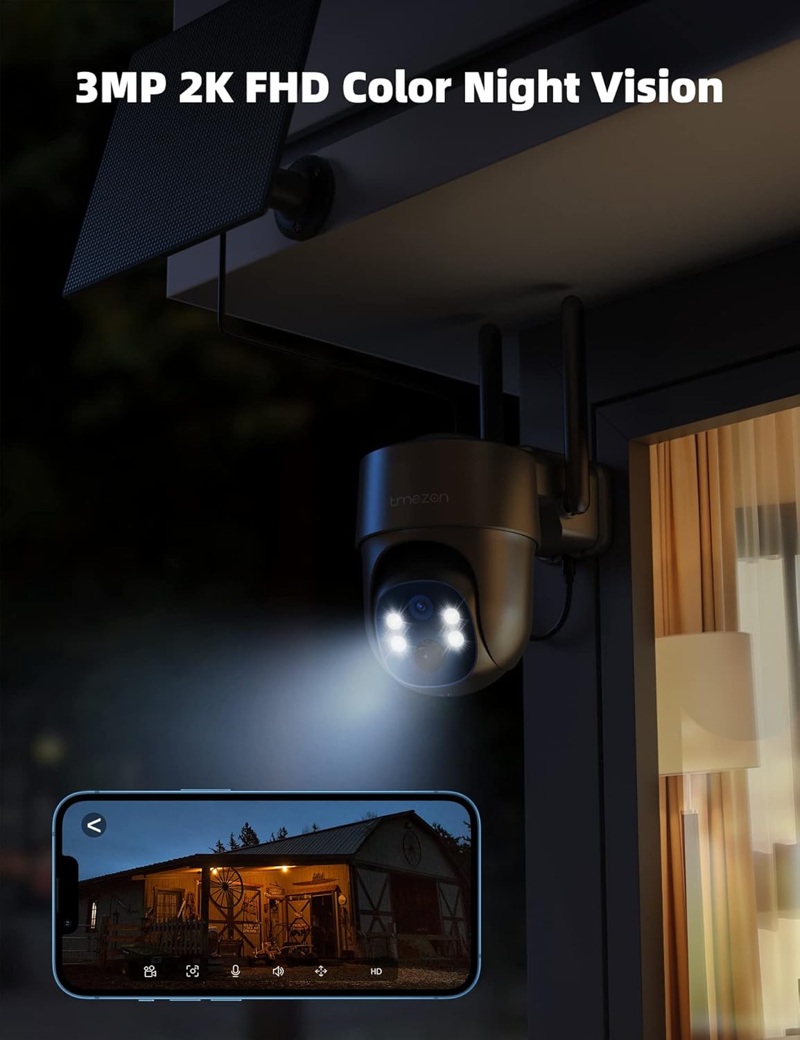 TMEZON camera with spotlight active at night