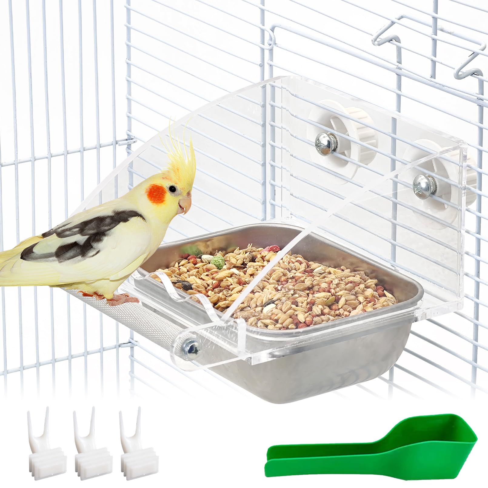 BNOSDM Bird Feeder for Cage with Stainless Steel Food & Water Bowl Acrylic Parakeet Seed Dishes with Anti-Slip Perch Stand for Parrot, Cockatiel, Lovebird, Canary, Finch,Conure,Cockatoo, Pigeon