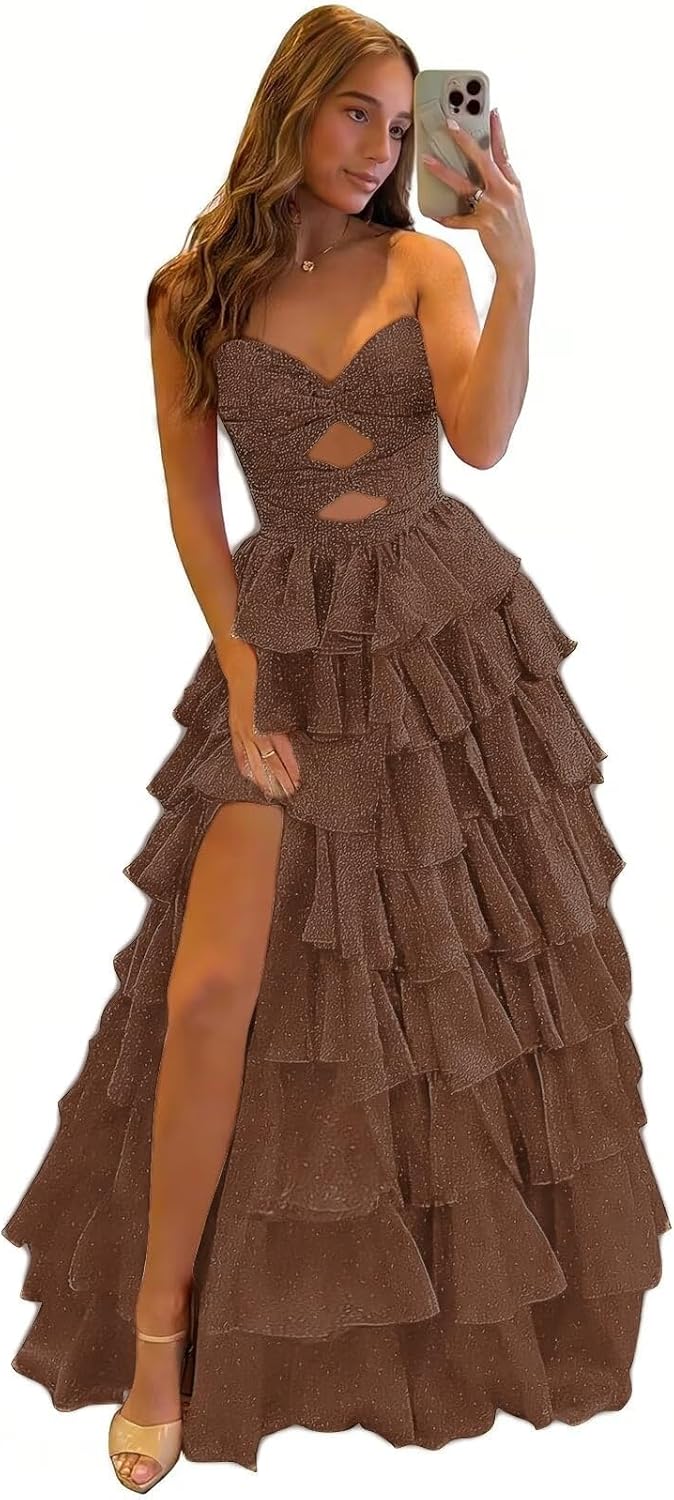 Strapless Corset Prom Dress 2026 Sparkly Sequin Tiered Ball Gown with Slit Glitter Princess Long A-Line Party Dress