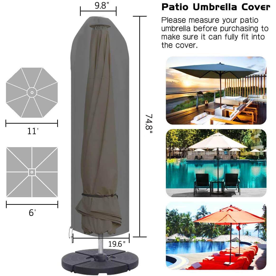Funda para Parasol, Funda Sombrilla Jardin, 600D, Impermeable, Antipolvo, Resistente a los Rayos UV, 190x25x50cm, Negro