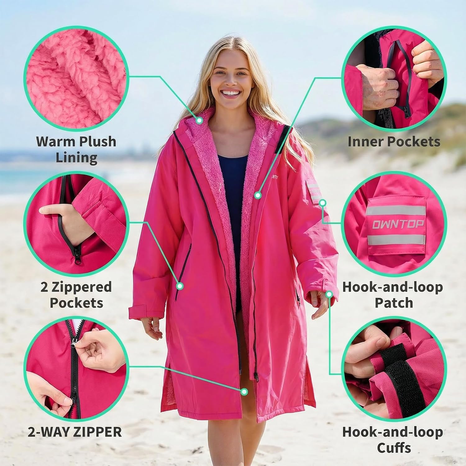 Owntop Swim Parka Kids Adult | Waterproof & Sherpa Lining | Velcro Arm Patch | Oversized Hooded Surf Poncho Changing Robe