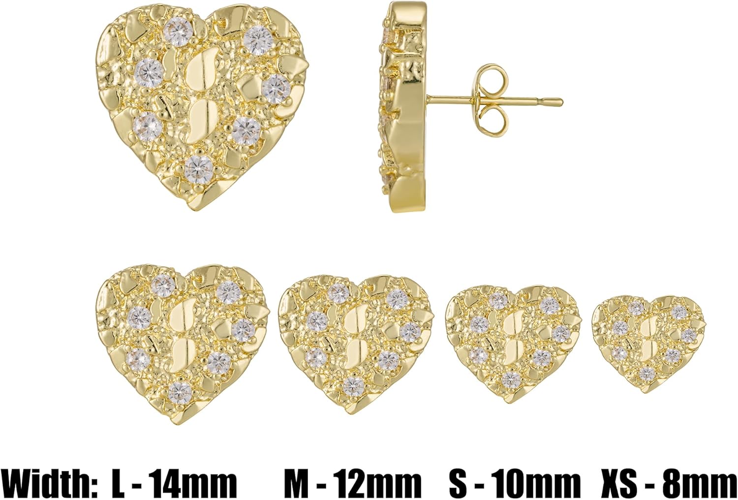 14K Gold Plated Rough Textured Cookie Nugget Earrings For Women Nugget Stud Cubic Zirconia CZ Heart Shape Gold Studs Earrings - Image 3