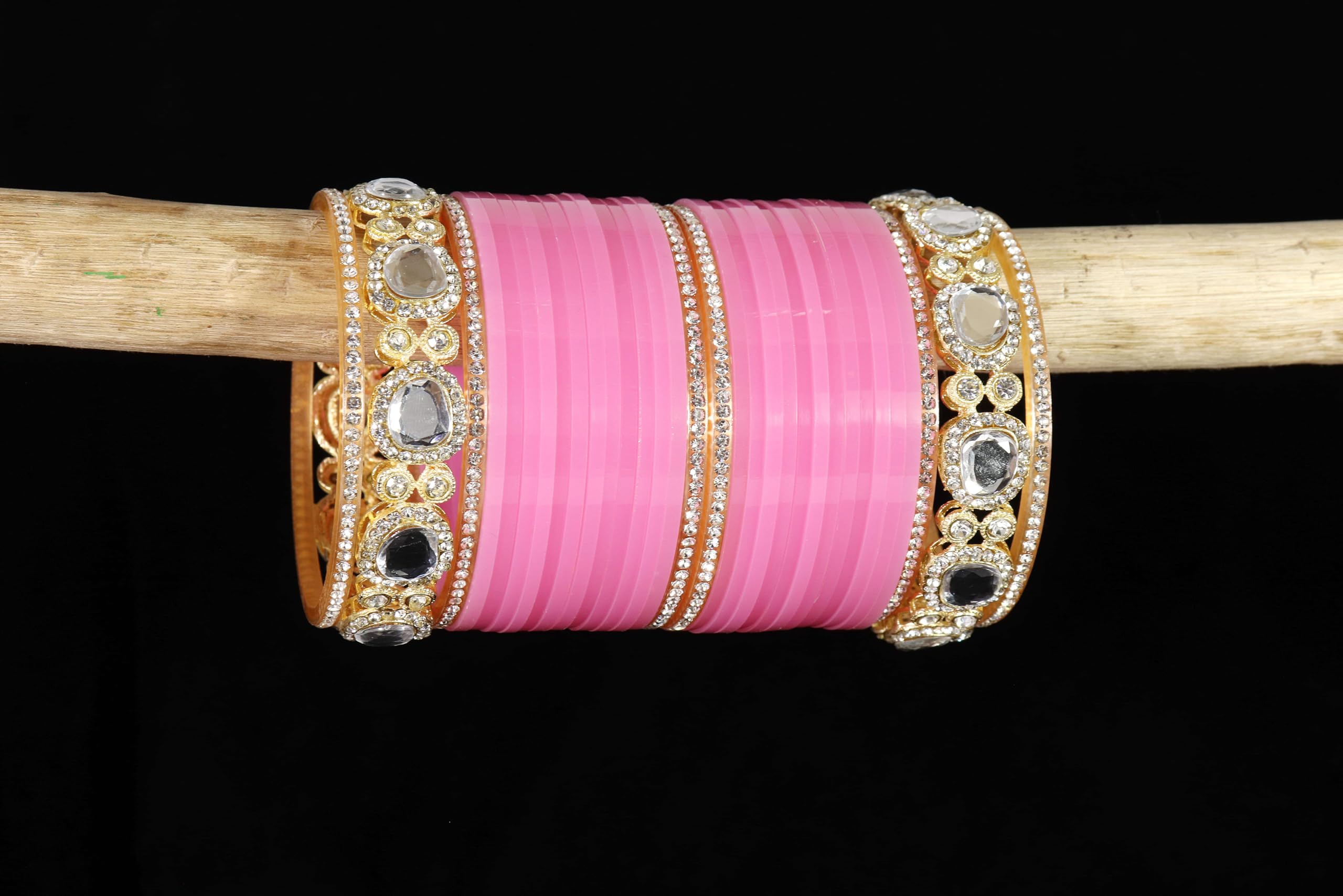 LAVAZZA Traditional Golden Metal Zircon Stone & Kundan Acrylic Bangles Chuda Set For Bridal Women & Girls | Chuda Set Pink For Bridal | Chudi Set for Women -(ChudaSet-2-Pink-2.6), Set of 64