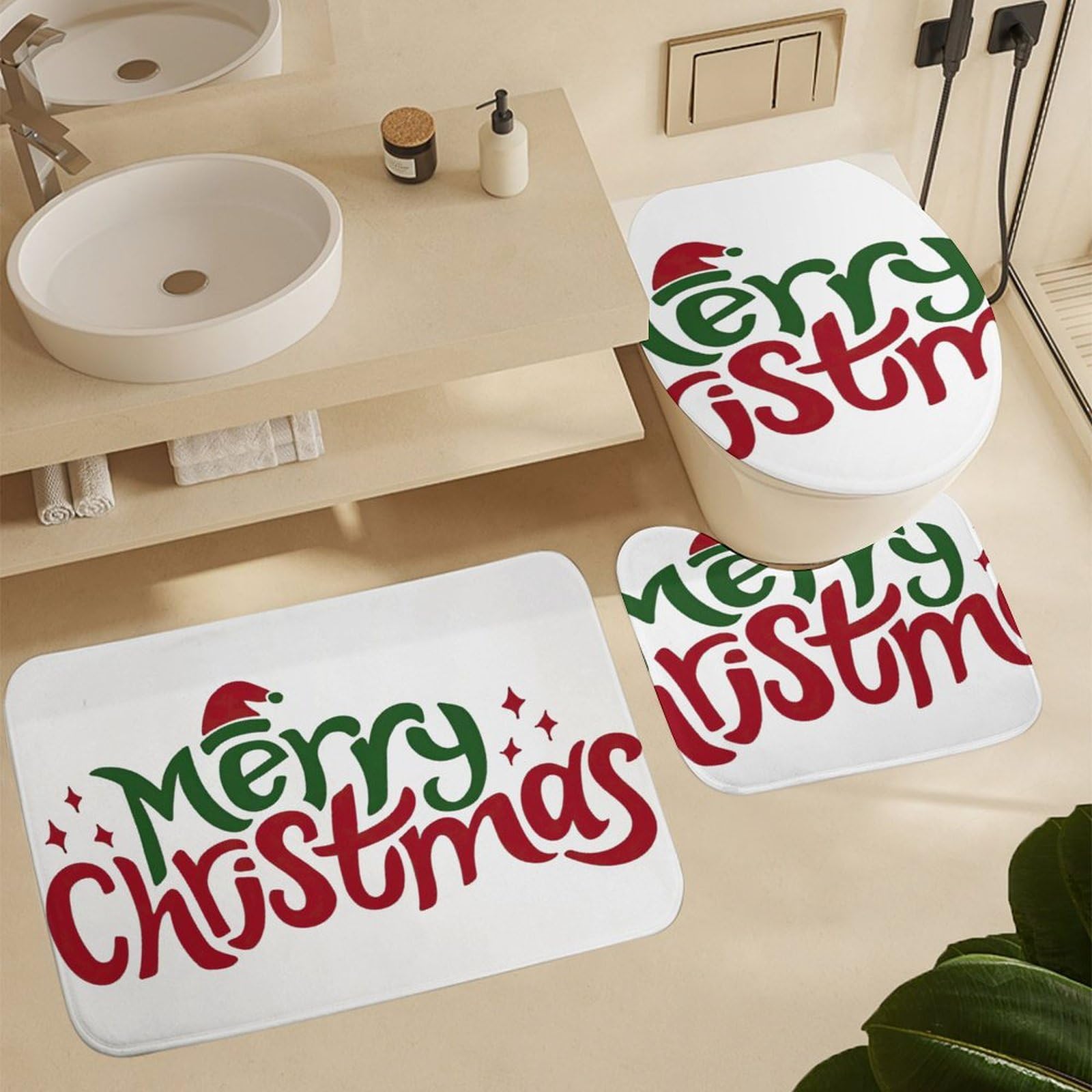 Feliz Navidad Baño de Cuatro Piezas Tappeto De Baño De Bambú, Antideslizante Y Lavable, Ideal para Ducha Y Baño Moderno 183×183cm