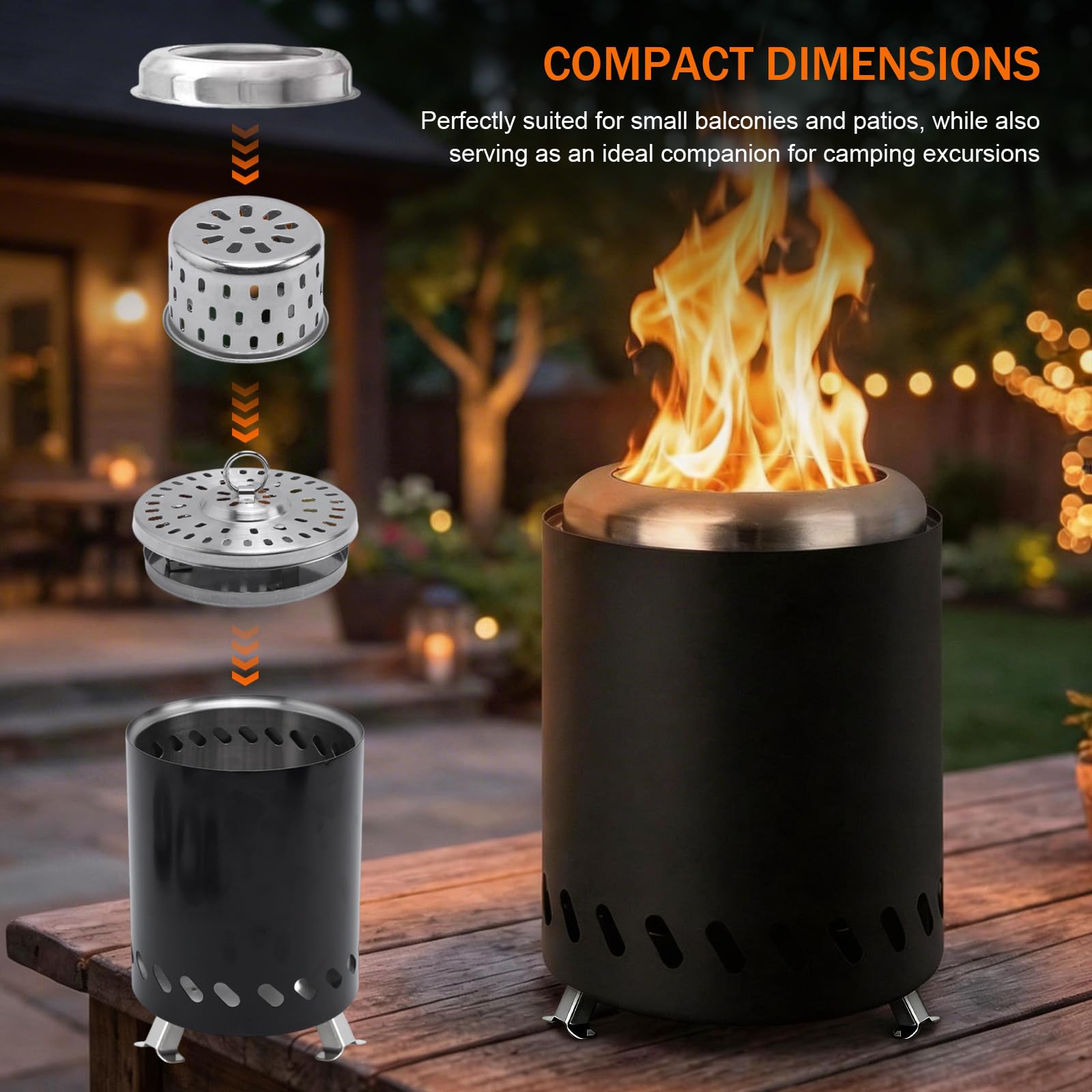 Rauchfreie Tischkamin Outdoor, Edelstahl Feuertonne Mini Feuerstelle für Balkon Terrasse Camping, Tragbare Feuerschale mit Tragetasche, Betrieben mit Pellets oder Holz, 20x14cm Schwarz - 4