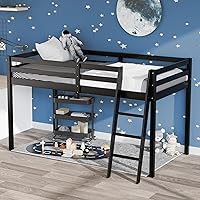 Vista 22 de Vingli - Cama junior tipo loft baja con escalera, cama tipo loft de madera blanca de tamaño completo para adultos, niños y adolescentes jóvenes,