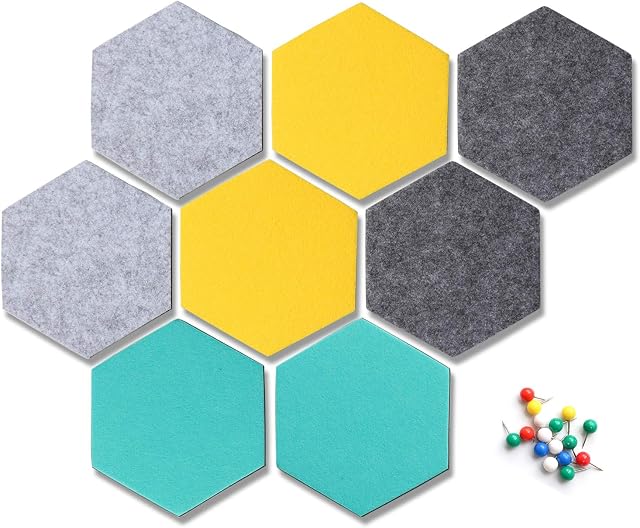 Yoillione Hexagon Felt Board Tiles Self Adhesive,Colorful Hexagon Cork Tiles Felt Memo Boards for Home and Office,Home Decor Felt Wall Stickers Mini Pin Display Board Notice Board,8 Pack