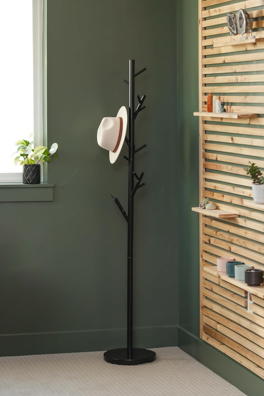 HAOG Freestanding 18-Hook Coat Rack – Black Metal, Powder-Coated Tubular Steel, 12" x 68" | Home and Office Storage Stand, Durable & Stylish for Any Room