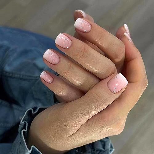Kit de uñas postizas cuadradas cortas y degradadas, color rosa, brillantes, reutilizables, con pegamento, de ajuste natural, uñas acrílicas, para
