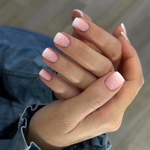 Silver Glitter Press on Nails Medium Square Fake Nails with Rhinestones Design Glossy Pink White Artificial False Nails for Women Girls DIY Manicure Decoration Reusable Stick on Nails Glue on Nails