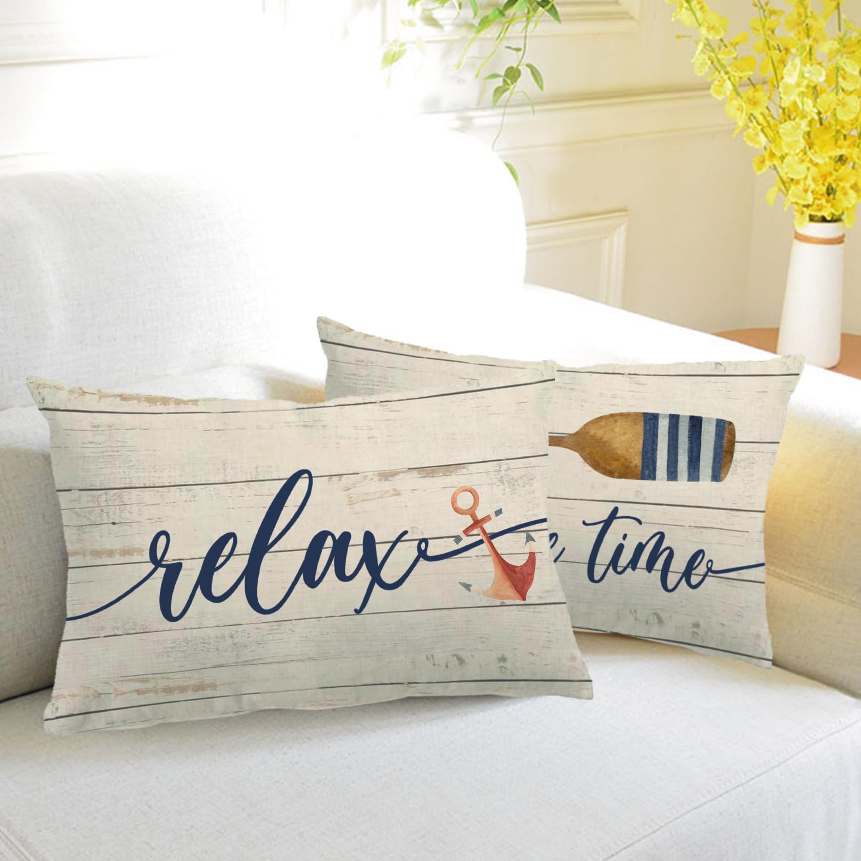 7COLORROOM Set of 2 Nautical Theme Pillow Covers Double-Sided Printed Wood Grain Funny Quote Relax On Lake Time Rectangular/Waist Cushion Cover Summer Ocean Home Decor Pillowcases 12”×20” (Multi) 1