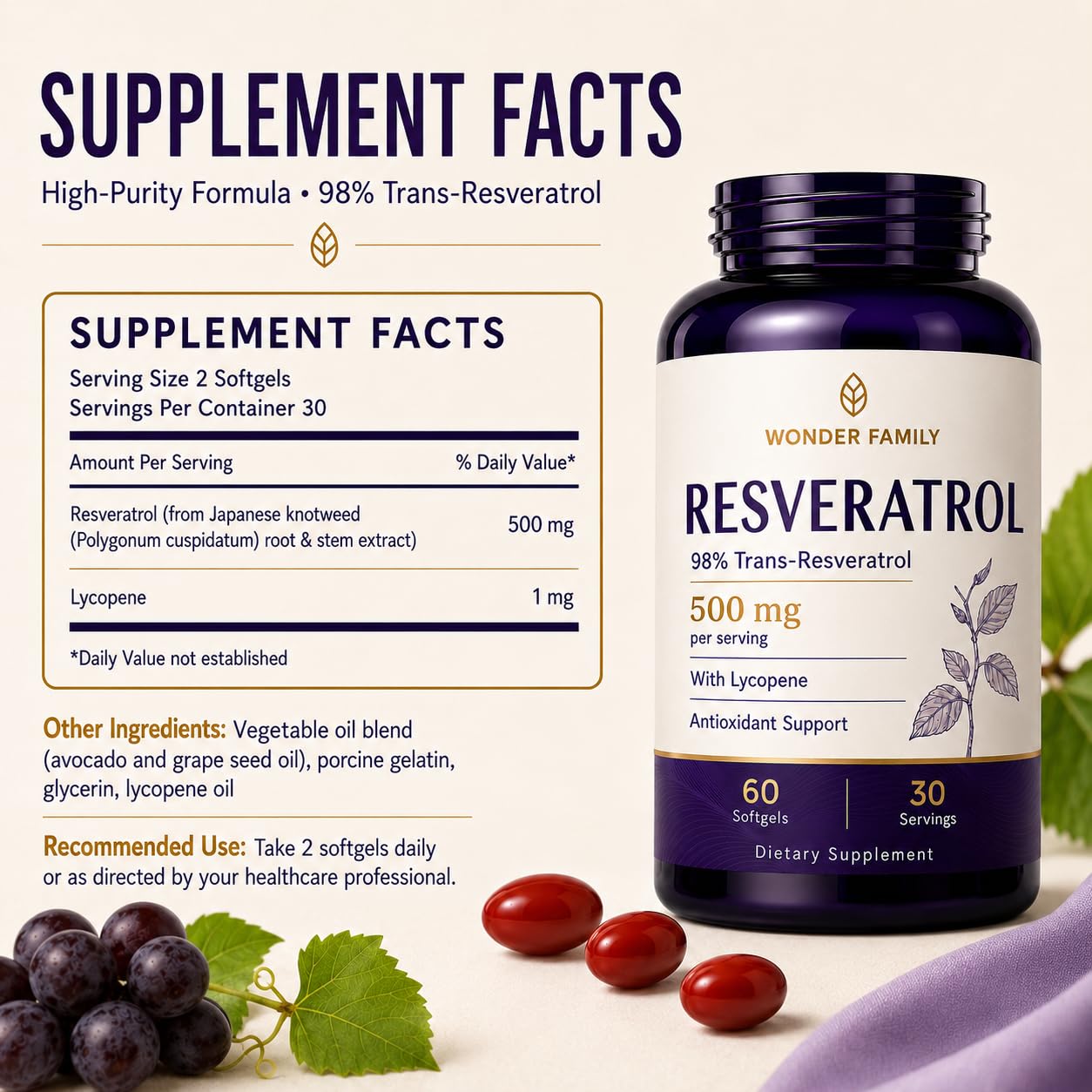 WONDER FAMILY Resveratrol Supplement 500mg, 98% Trans-Resveratrol from Japanese Knotweed, Vegan Antioxidant Capsules for Daily Wellness, Non-GMO, Gluten-Free — Amazon image 2