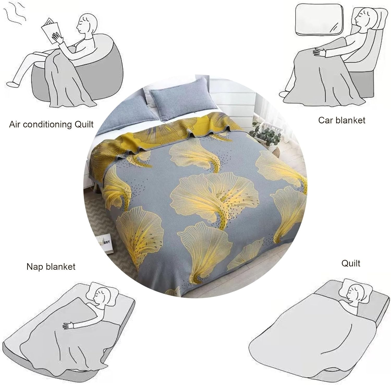 Big Ginkgo Leaf Quilt Queen Size Bedspread Reversible Thin Bedspread Coverlet Throw Blanket Summer Comforter for Bed and Couch(A,79" W X 90" L)