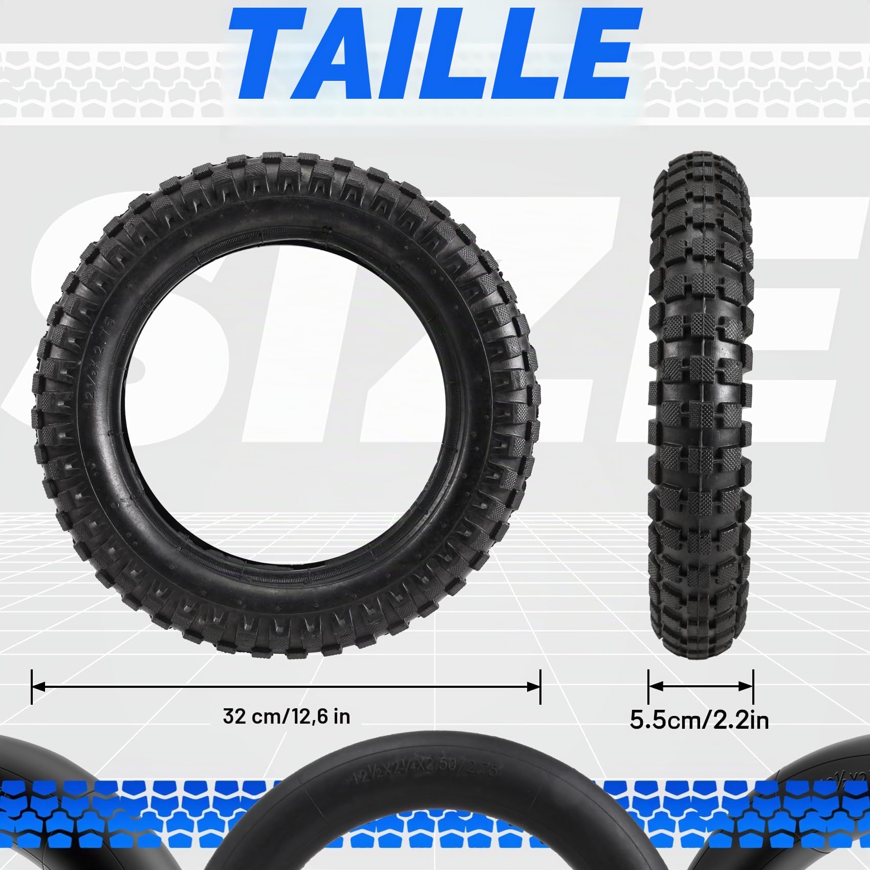 Pneu 12 1/2X2,75 + Chambre à air pour Moto Mini Tout-Terrain de 49Cc MX350 MX400, Pneu de Scooter 12 Pouces - Usure - Pneu
