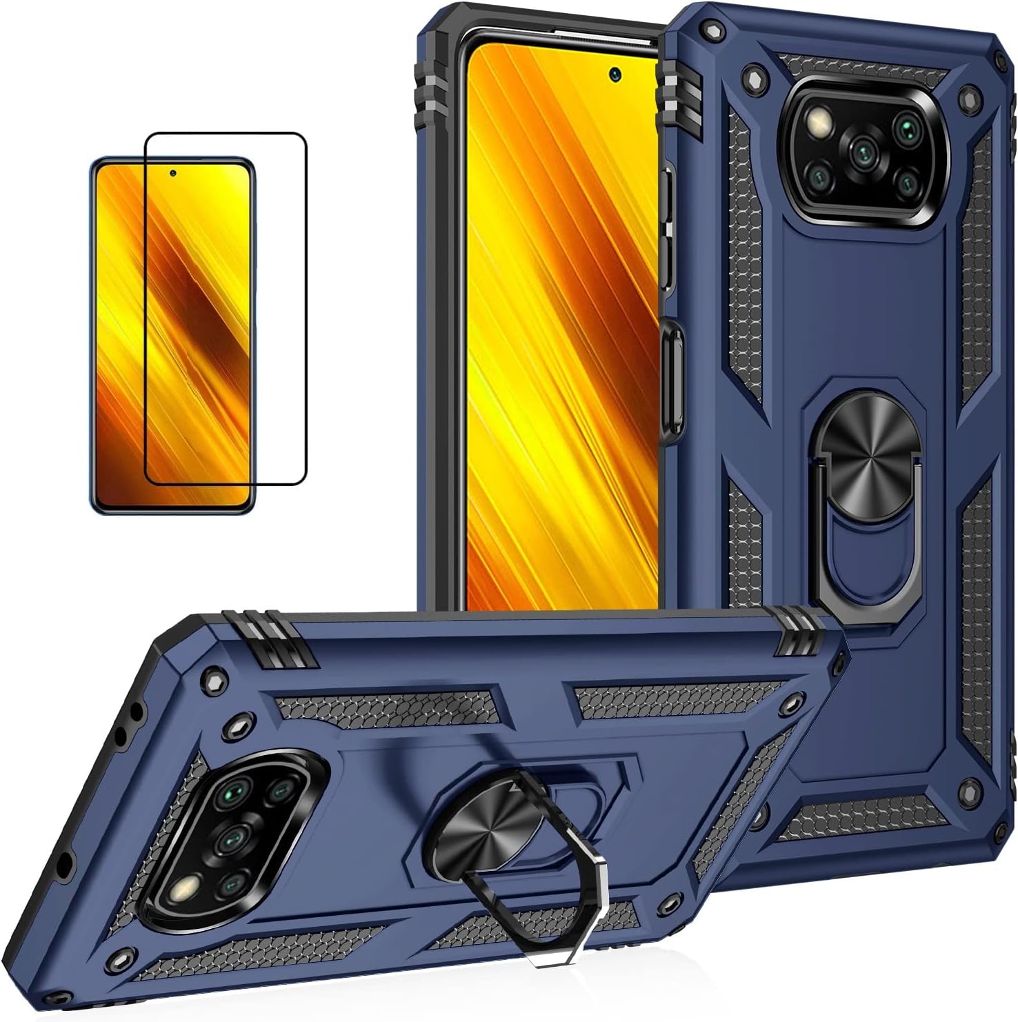 for Xiaomi POCO X3 NFC /X3 Pro Case with Screen Protector,Armor Military Protection Hybrid Heavy Duty Shockproof Defender Back Protective Cover Phone Case for POCO X3 with Ring Kickstand (Blue)