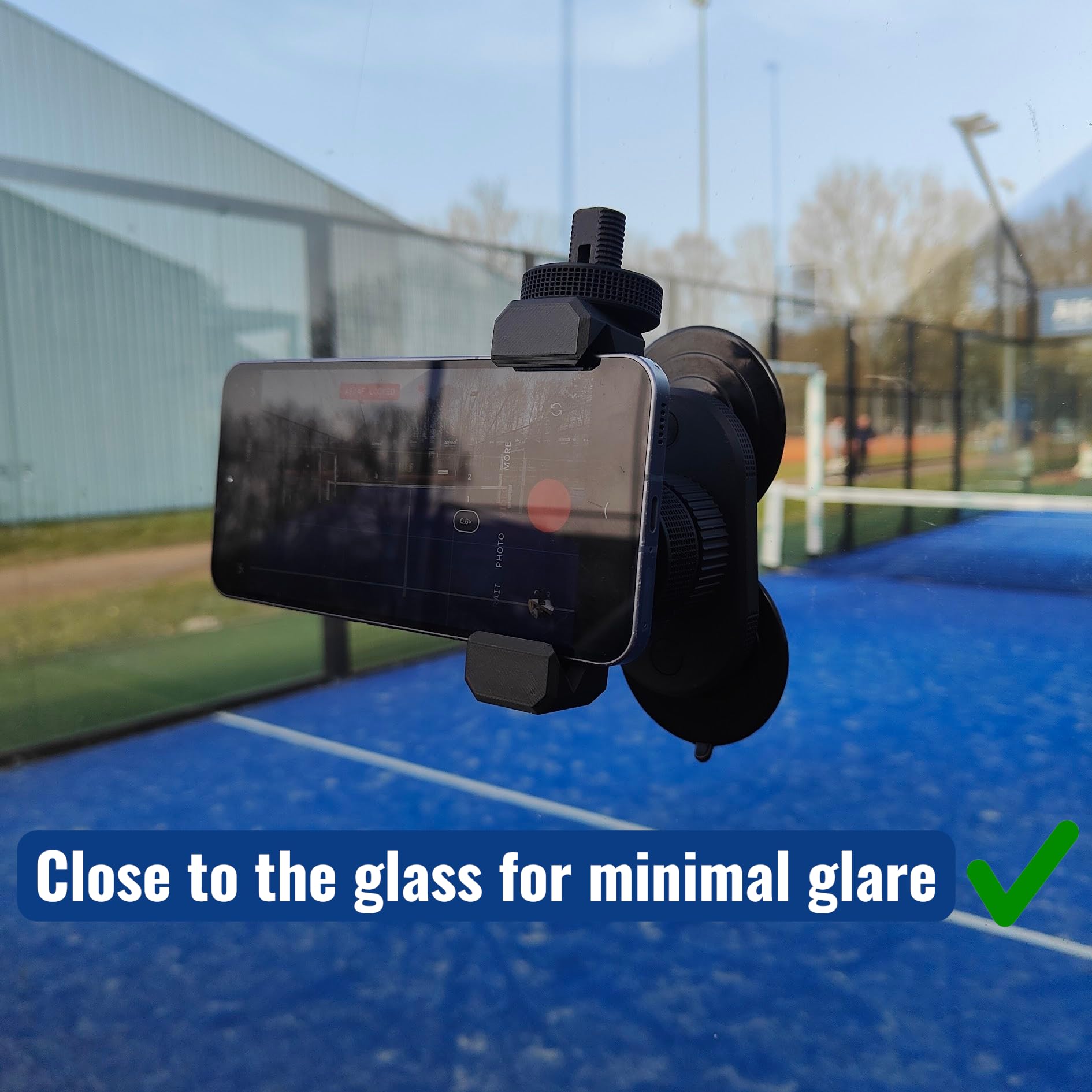 Support de téléphone pour Padel avec ventouse robuste – Support universel pour smartphone pour enregistrement vidéo, entraînement et réseaux sociaux – Rotation à 360° – Compatible avec iPhone, Samsung