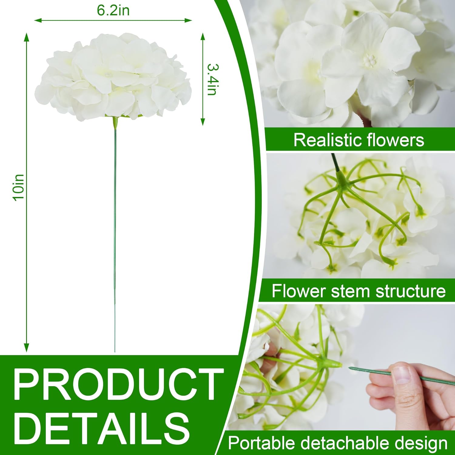 60Pcs White Artificial Flowers Hydrangea Bulk, Realistic Silk Faux Hydrangea Heads with Stems for Wedding Centerpieces, Baby Shower & Home Decor