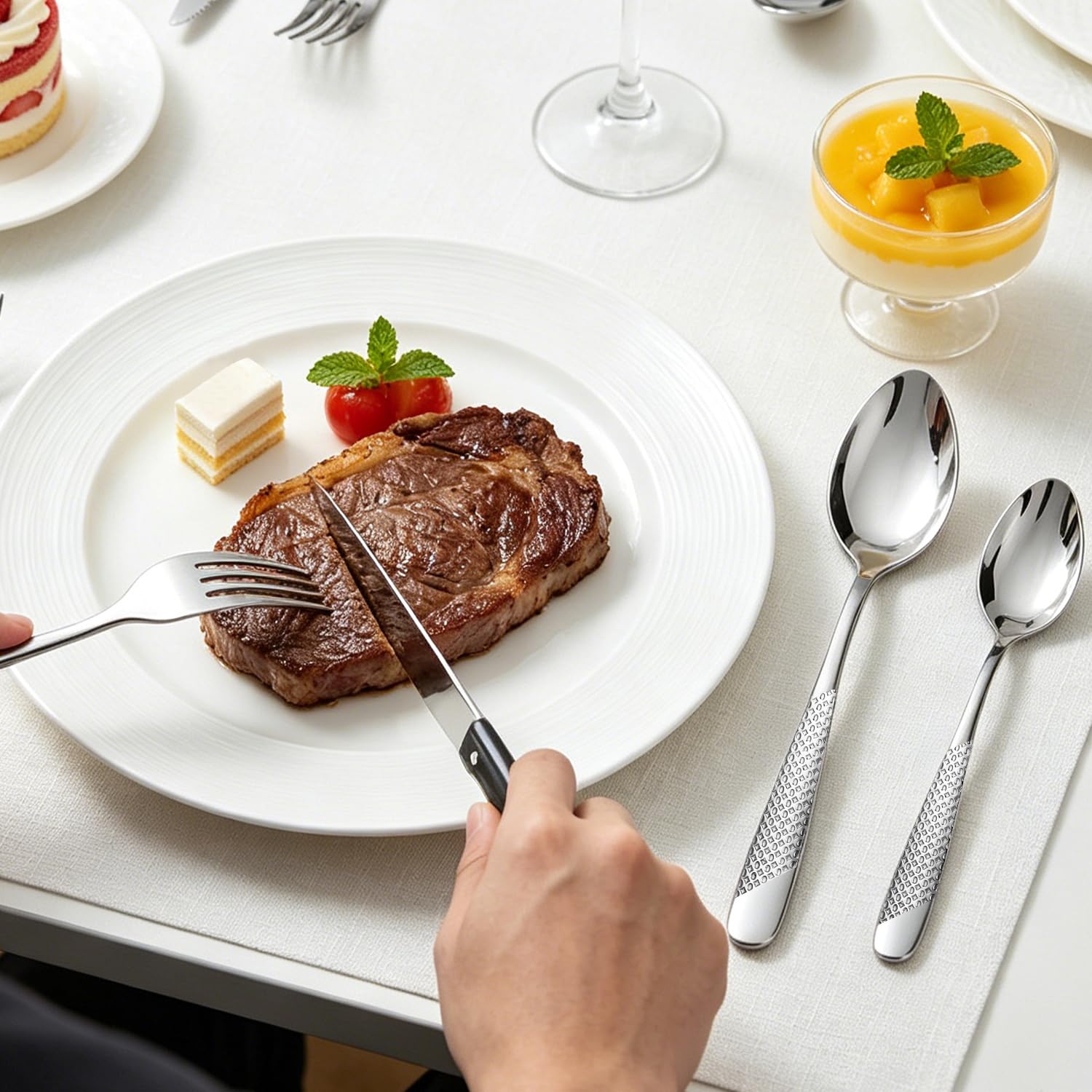 Set Posate Acciaio Inox 36 Pezzi per 6 Persone, 6 Forchette, 6 Forchette da Dolce, 6 Coltelli, 6 Cucchiai, 6 Cucchiaini e 6 Coltelli da Carne, Lavabile in Lavastoviglie