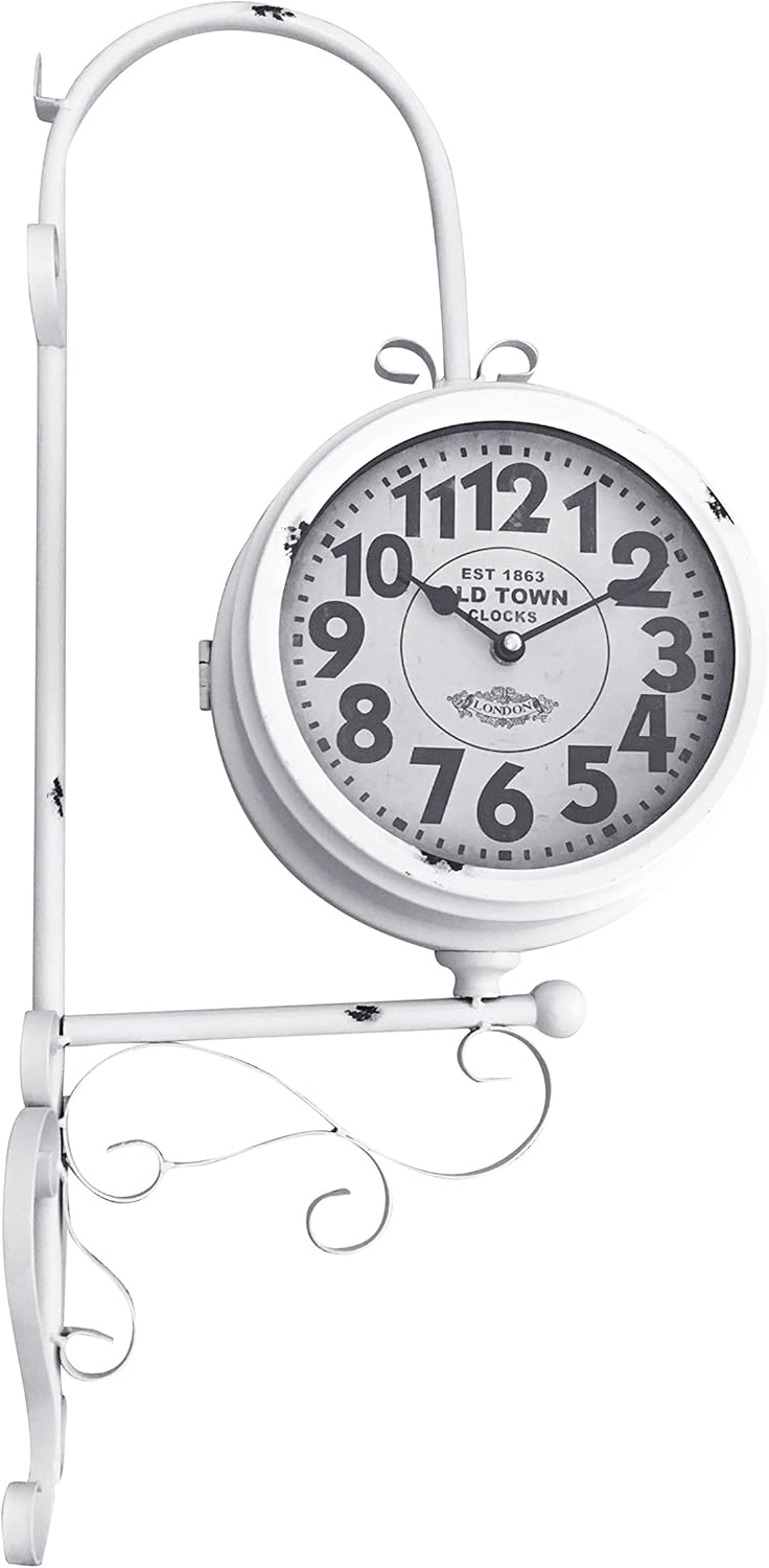White Wrought Iron Vintage-Inspired Train Railway Station Style Round Double Side Two Faced Wall Hanging Clock - 25.5 inches Tall Old Town Clocks - White with Decorative Rust