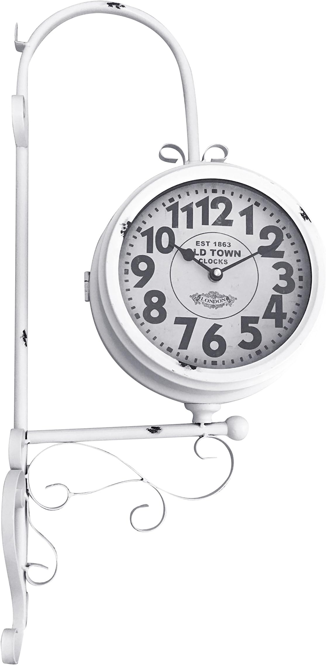 White Wrought Iron Vintage-Inspired Train Railway Station Style Round Double Side Two Faced Wall Hanging Clock - 25.5 inches Tall Old Town Clocks - White with Decorative Rust