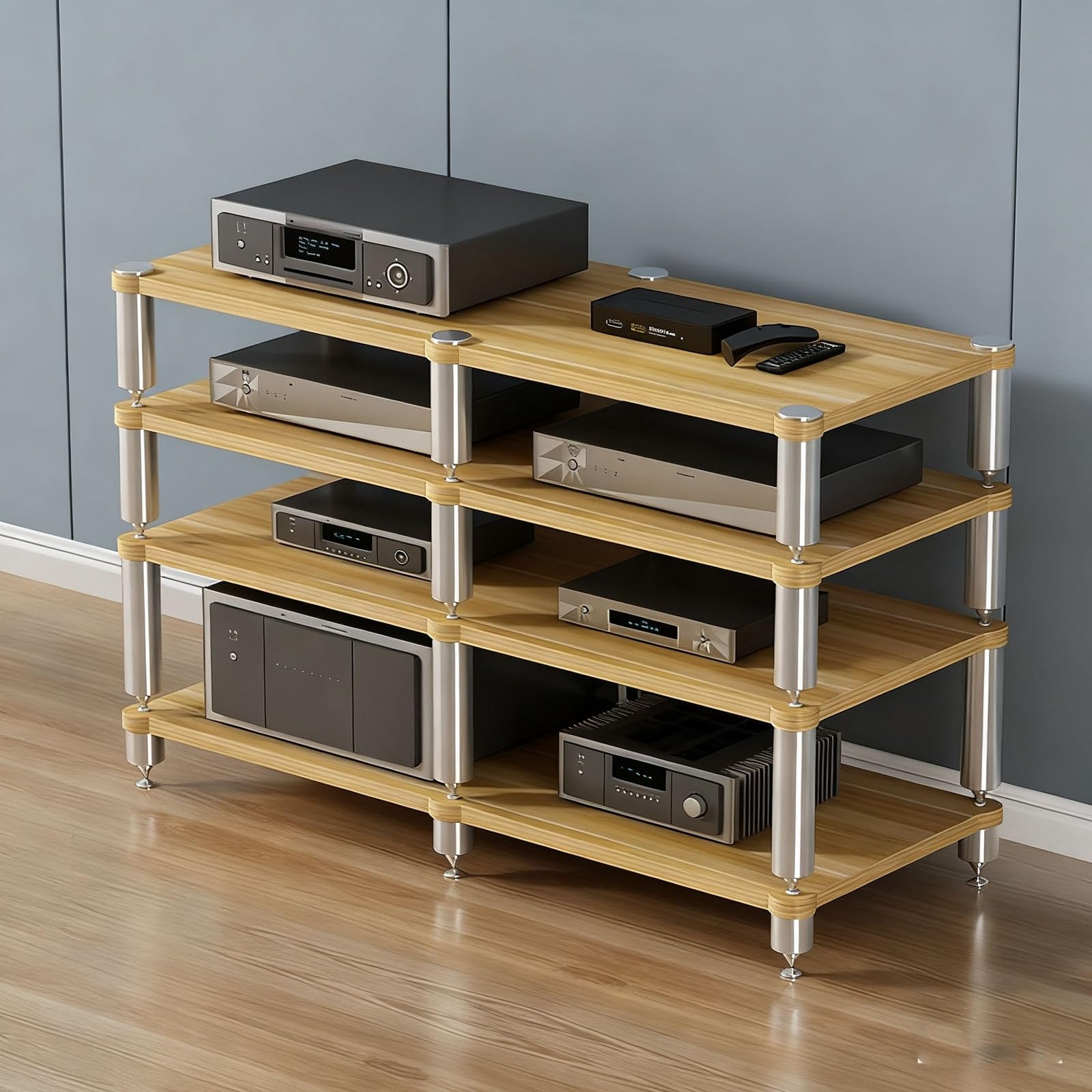 2/3/4-stufiger AV-Medienständer, Stereo-Regal-Organizer, Audio-Video-Medienständer, offener Audioständer aus Holz mit stoßdämpfenden Füßen, Ständer für Videospielkonsolen(Light Walnut,4-layer)