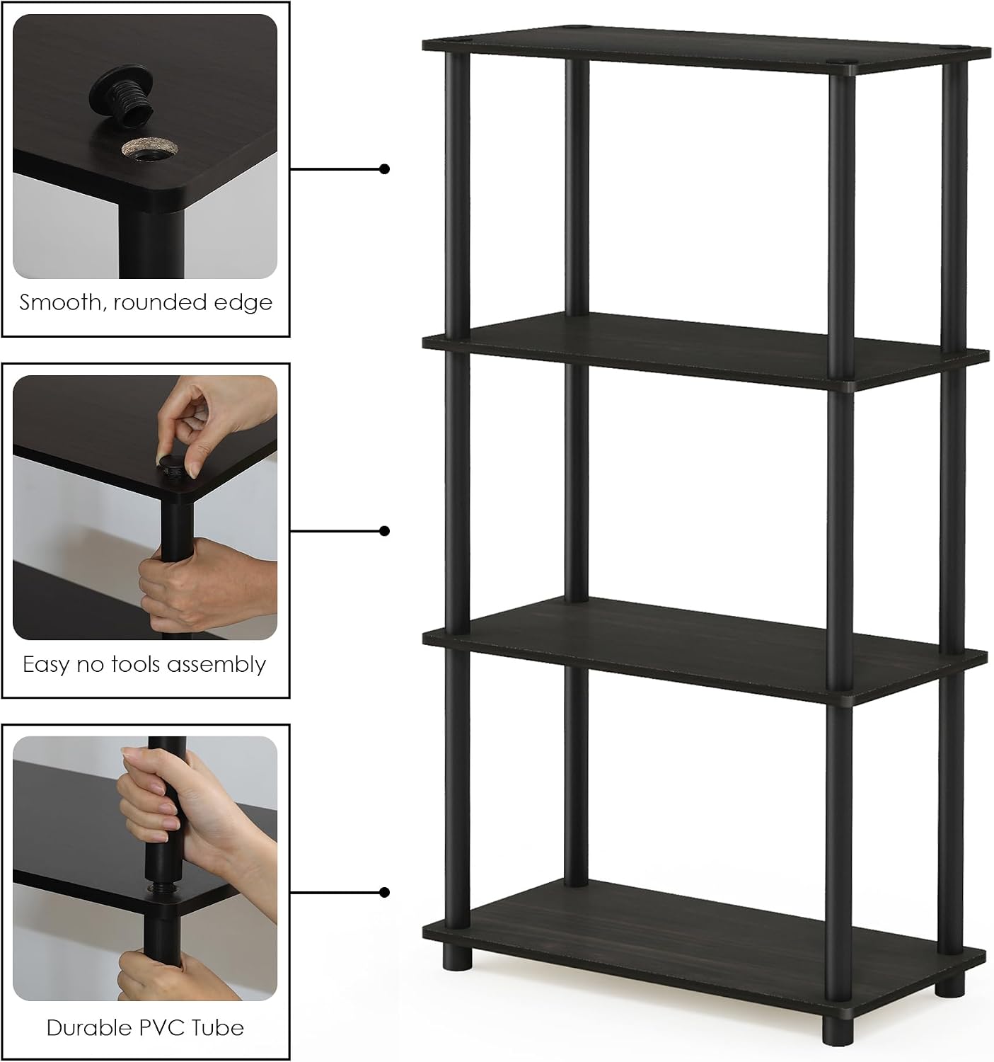 Furinno Turn-N-Tube Storage Shelves, 4-Tier Book Shelf, Corner Shelf, Toolless Open Shelves, for Organization and Storage, Living Room, Bedroom, Entryway, Laundry, Black Espresso
