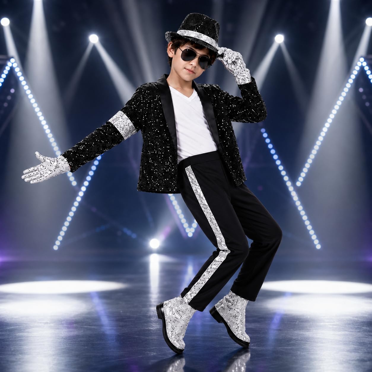7-teiliges Pop Star Kostüm Set Kinder Jungen Retro Disco Outfit | 80 90er Pailletten Jacke, T-Shirt, Mütze, Sonnenbrille, Handschuhe, lange Hose, Beinlinge Für Halloween Karneval 4-12 Jahre