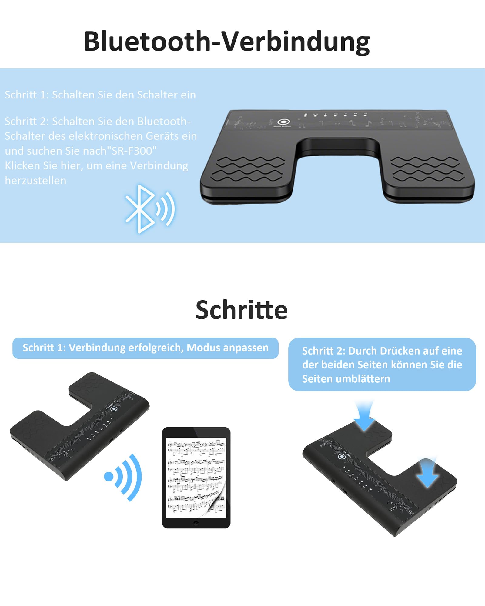 Pedal Cambiador de Páginas Bluetooth: Interruptor de Pie de Bluetooth 6 Modos para Tablet, Smartphones, Recargable, Silencioso para Músicos, Pianistas, para Tocar Instrumentos o Prompts (ABS)