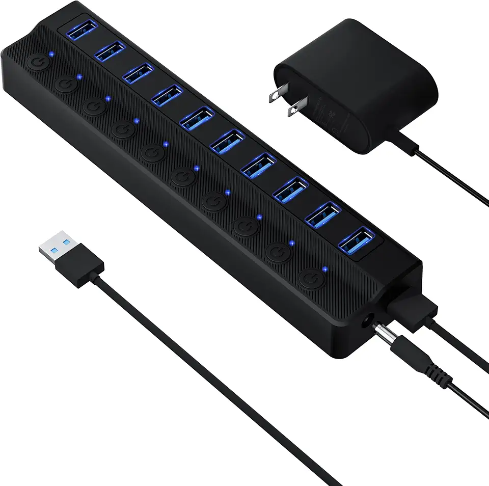 ONFINIO Hub USB 3.0 alimentado, hub divisor USB de 10 portas com interruptores liga/desliga individuais e adaptador de alimentação 12V/2A extensão USB