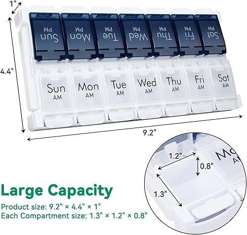 Miniatura 6 de Organizador semanal de pastillas 2 veces al día, pastillero grande fácil de llenar 7 días, organizador de medicamentos Am Pm, pastillero diario con