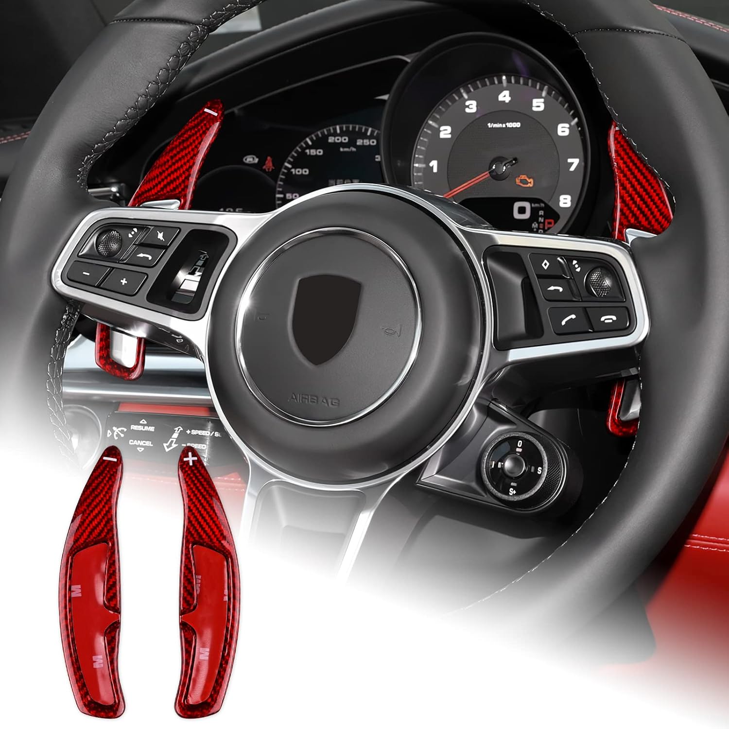 AIRSPEED Carbon Fiber Steering Wheel Paddle Shifter Extensions Cover Accessories for Porsche 911 2016-2019, for Panamera 2017-2020, Macan 2015-2021, Boxster/Cayman 718, Spyder 918, Short Type, Red