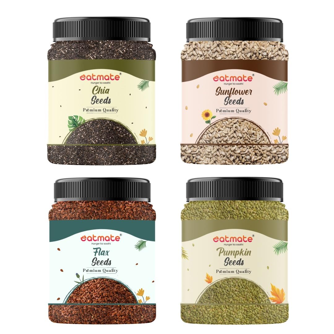 EatMate Super Seeds Combo Pack | Chia, Pumpkin, Sunflower & Flax Seeds | Pack of 4 | 250 g Each Jar | Total 1 Kg | Raw Natural | High Protein | Daily Nutrition & Healthy Snacking