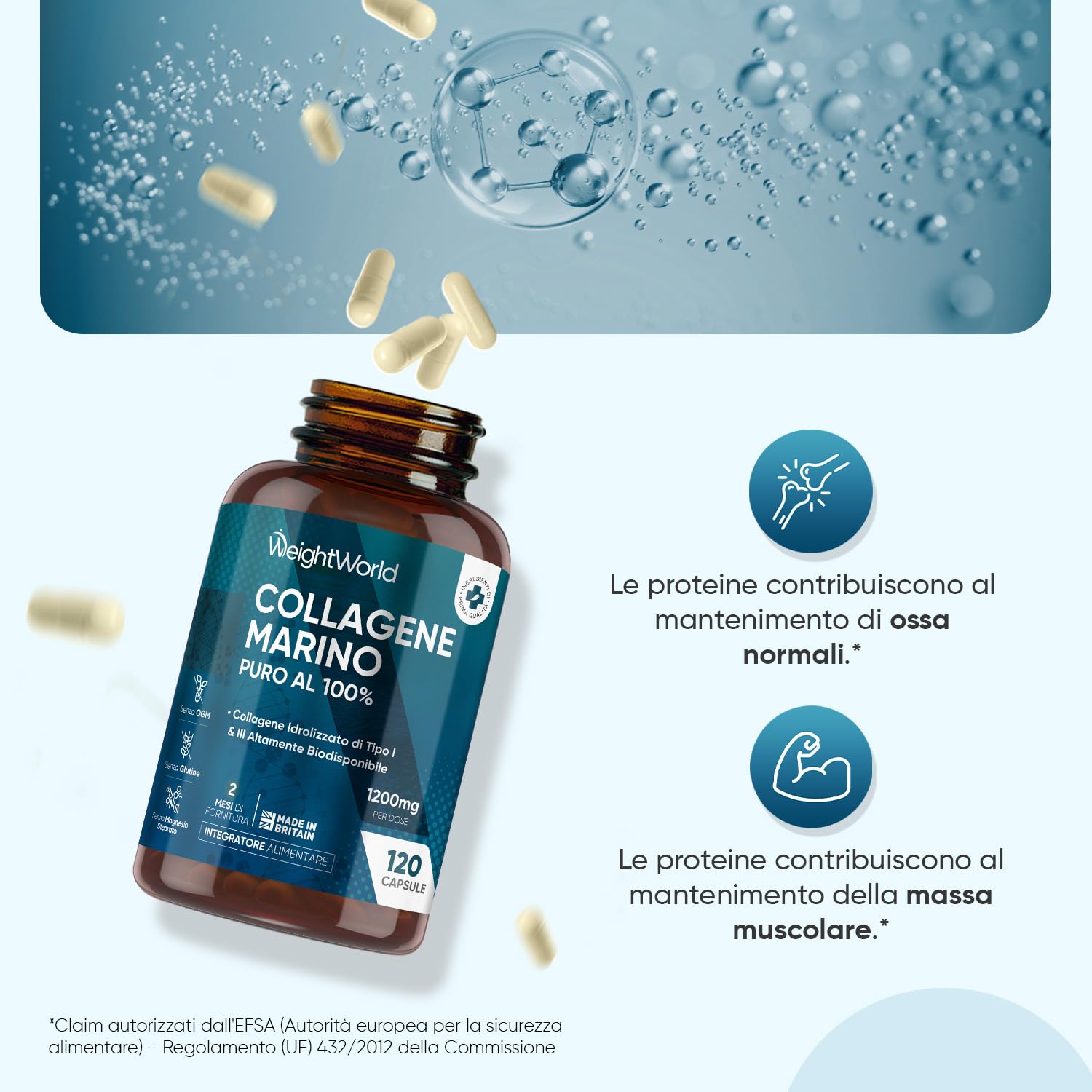Collagene Marino Idrolizzato da 1200mg, 100% Puro, in 120 Capsule, Peptidi di Collagene Idrolizzato di Tipo 1 e 3 Titagen (2 Mesi di Fornitura), Privo di Magnesio Stearato e Senza Glutine né Additivi