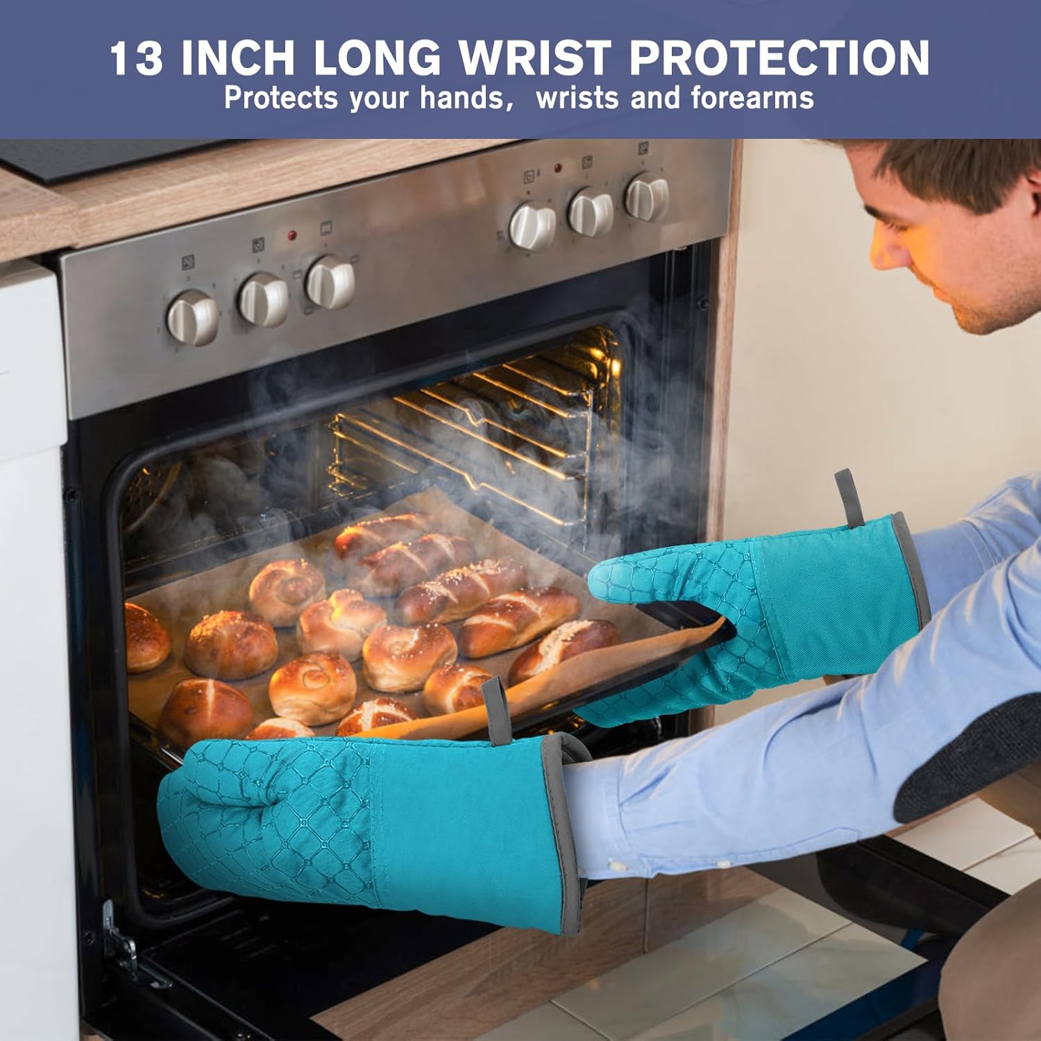 6 Pcs Oven Mitts and Pot Holders, 500℉ Heat Resistant Oven Mitts with Kitchen Towels Soft Cotton Lining and Non-Slip Silicone Surface Safe for Baking, Cooking, BBQ (Lake Blue) - Image 4