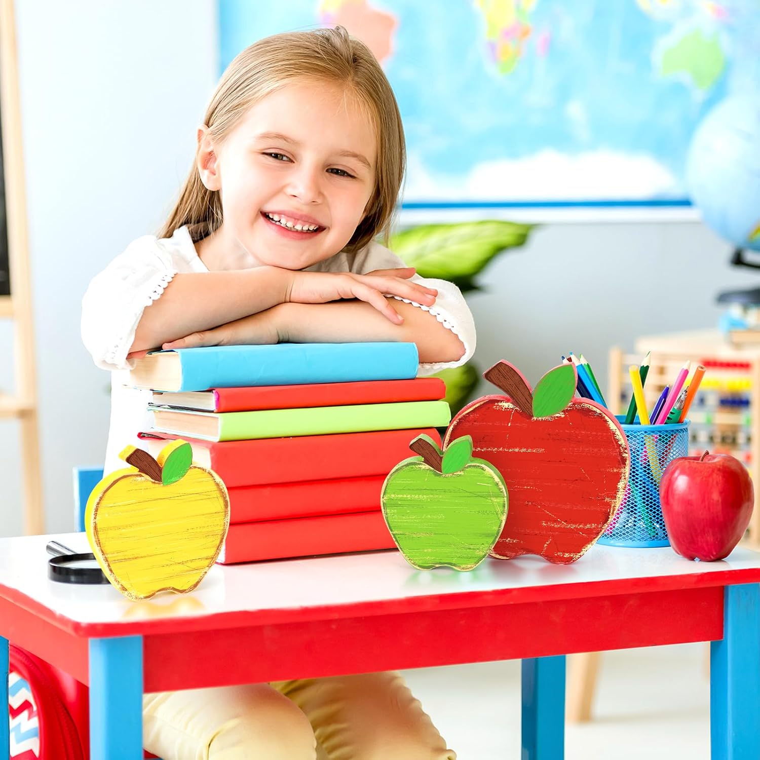 Back to School Decorations Wooden Apple Table Signs Rustic Apple Tiered Tray Decor First Day of School Classroom Centerpieces