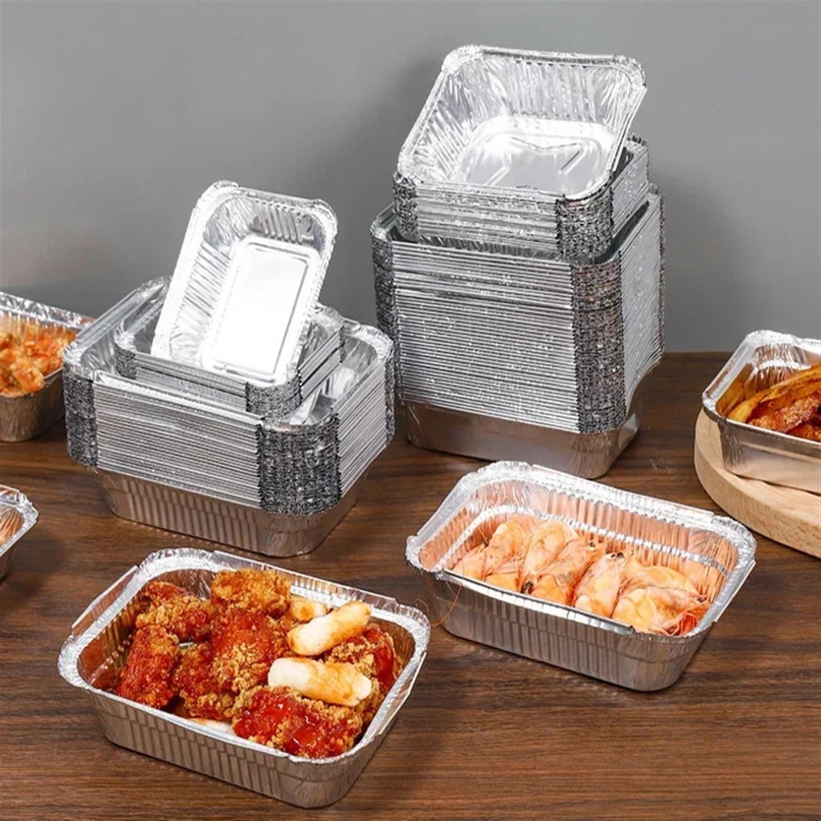 Bisch 50 stücke Rechteckige Zinn Papier Box Grill Tablett Verdickt Einweg Aluminium Folie Verpackung Box Takeout Backen Lunch Box Mit Deckel (Color : 570ml, Size : Box Plastic lid)