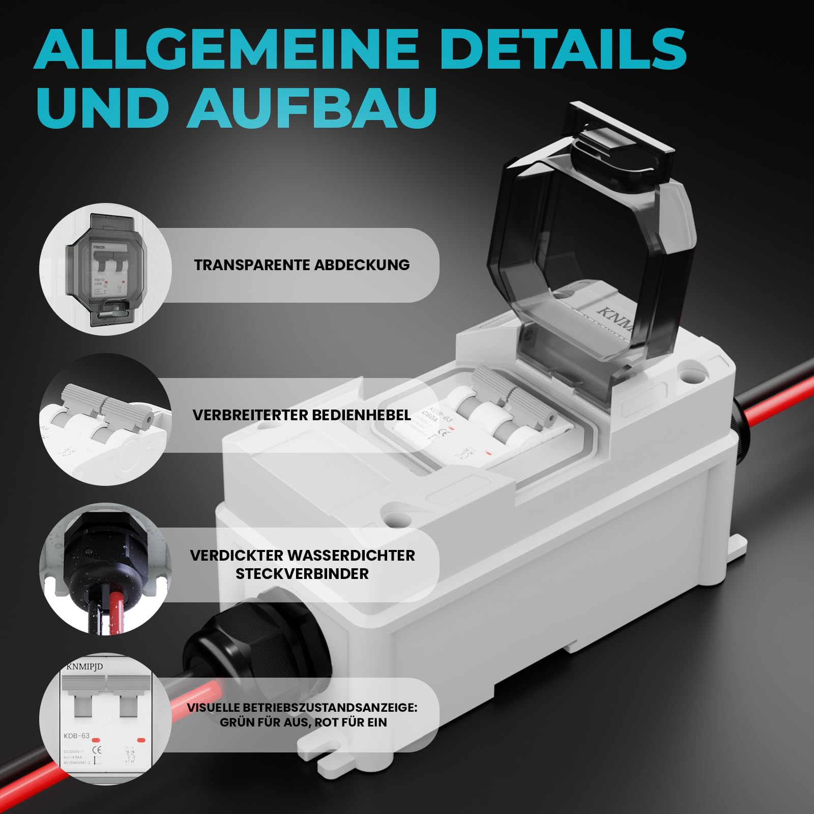 500V 50A DC Trennschalter PV Anlage, Solar PV Sicherungsautomat 2 polig mit IP65 Wasserdicht Gehäuse und pv kabel Steckermontage für Photovoltaikanlagen