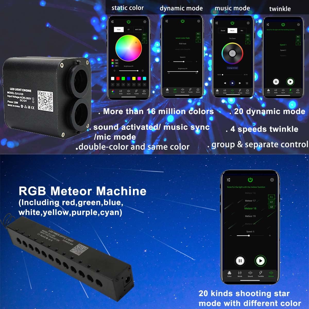 AZIMOM Dual Color 20w Twinkle Fiber Optic Starlight Headliner Kits 1200pcs 0.03in 13.1ft, RGB Meteor Shooting Star, Sound Activated Remote APP Control Home Car Ceiling Décor