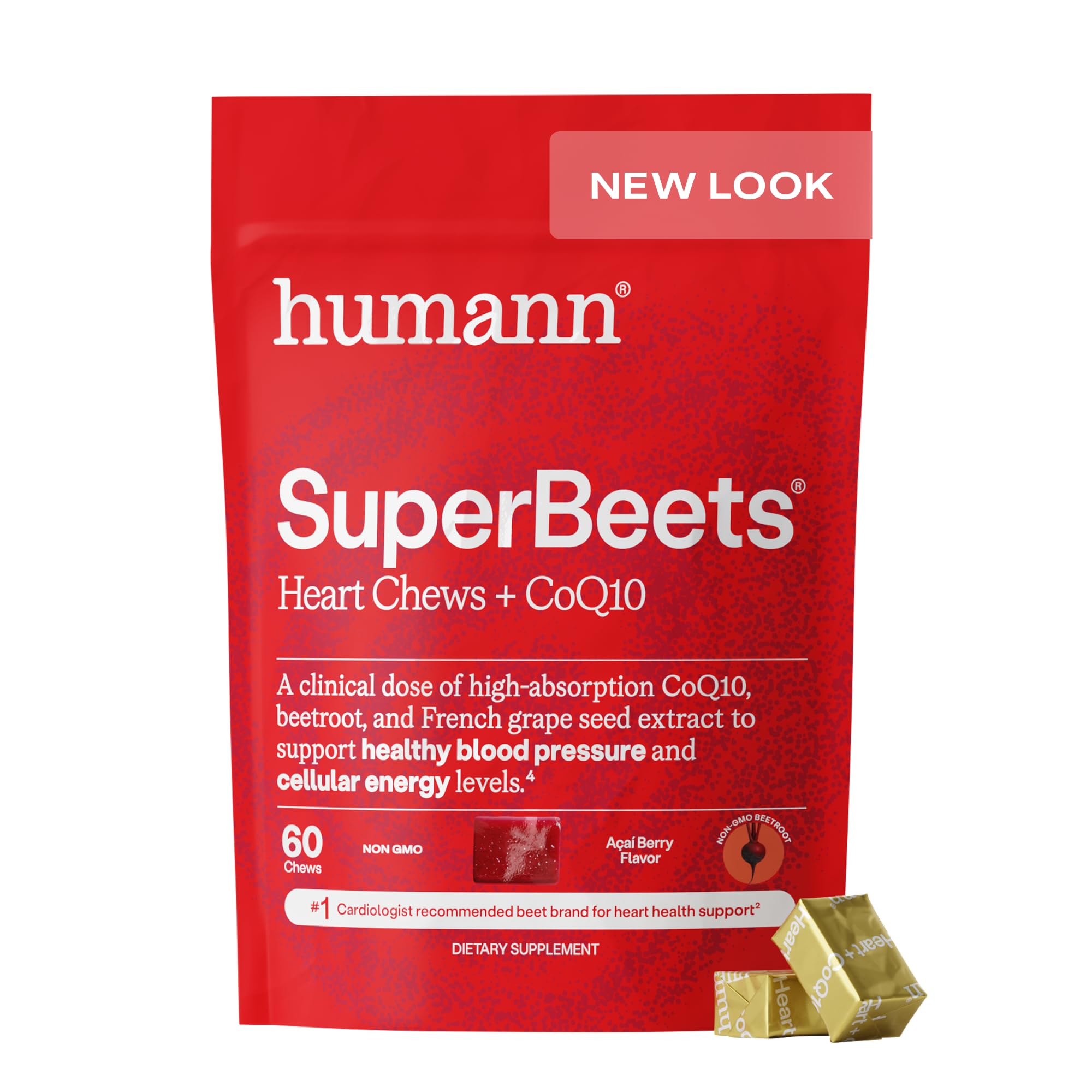 Humann SuperBeets Heart Chews + CoQ10-100mg of CoQ10 Plus Beetroot & Grape Seed Extract, Blood Pressure, Cellular Energy & Heart Health Support, 60 Count