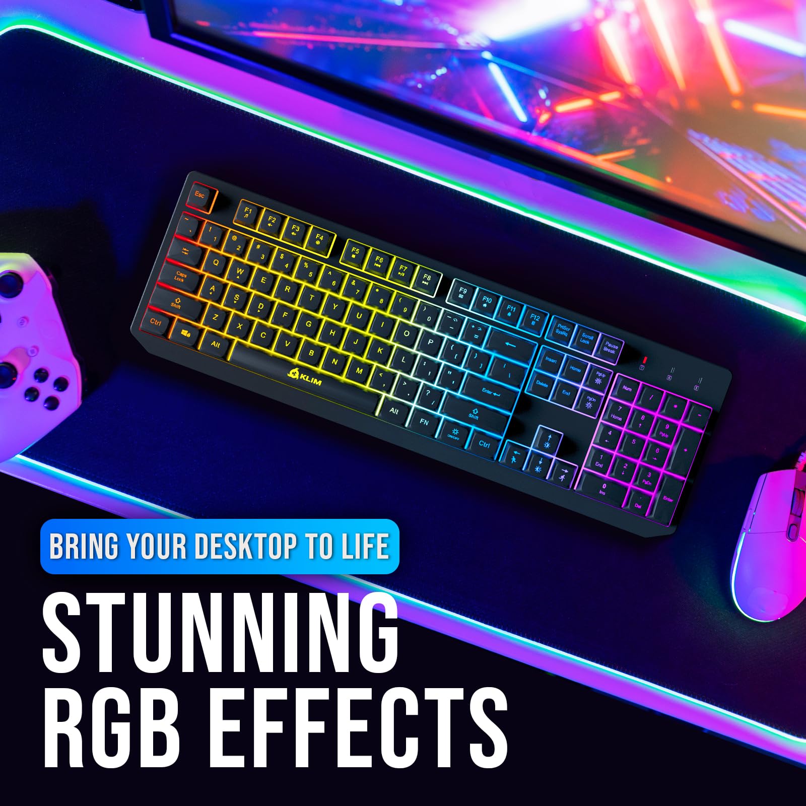 KLIM Chroma Wireless Gaming Keyboard RGB New - Long-Lasting Rechargeable Battery - Quick and Quiet Typing - Water Resistant Backlit Wireless Keyboard for PC PS5 PS4 Mac - Black — view 8