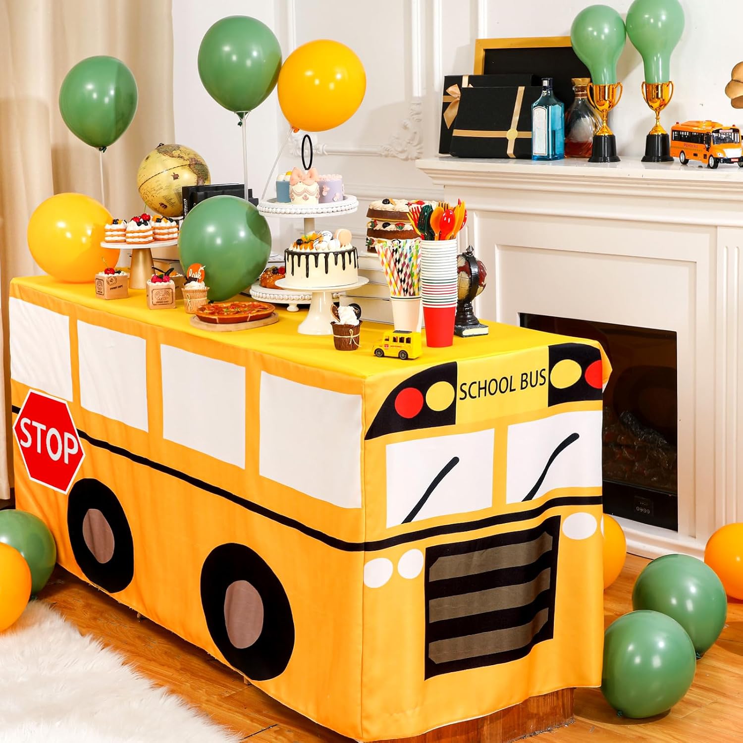 Oudain 2 Pcs 8FT School Bus Tablecloth First Day of School Party Table Cover Birthday Decoration Washable Fabric Polyester Rectangle Table Cover Protector School Bus Theme Party Birthday Decoration