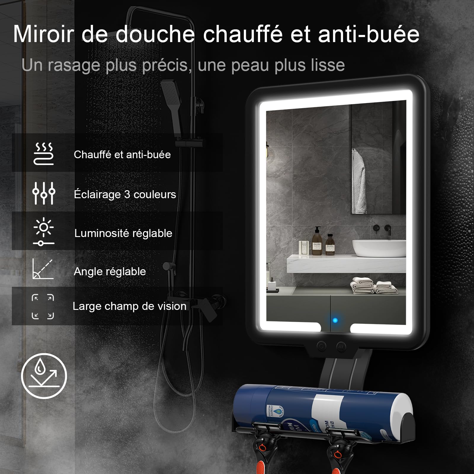 Miroir de Douche LED Anti-buée pour Le Rasage, Miroir Chauffant Anti-buée avec 3 Modes de Couleur (Noir)
