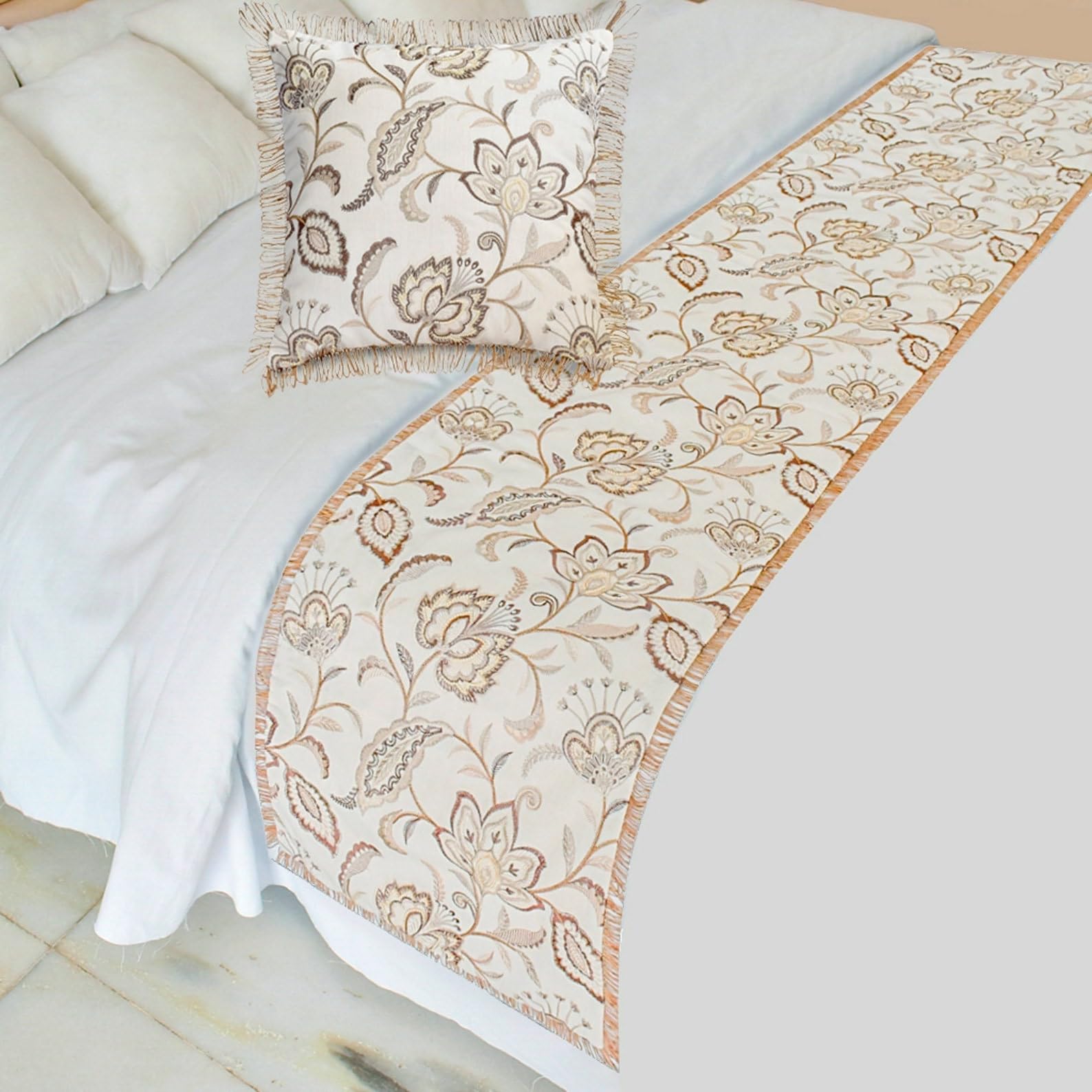The HomeCentric King/Queen/Twin Beige Decorative Bed Runner Twin 133x45 cm Bed Runner With Two Cushion Cover, Floral, Pearl, Jute Lace, Embroidery Bed Scarf on Cotton fabric - Floral Luster