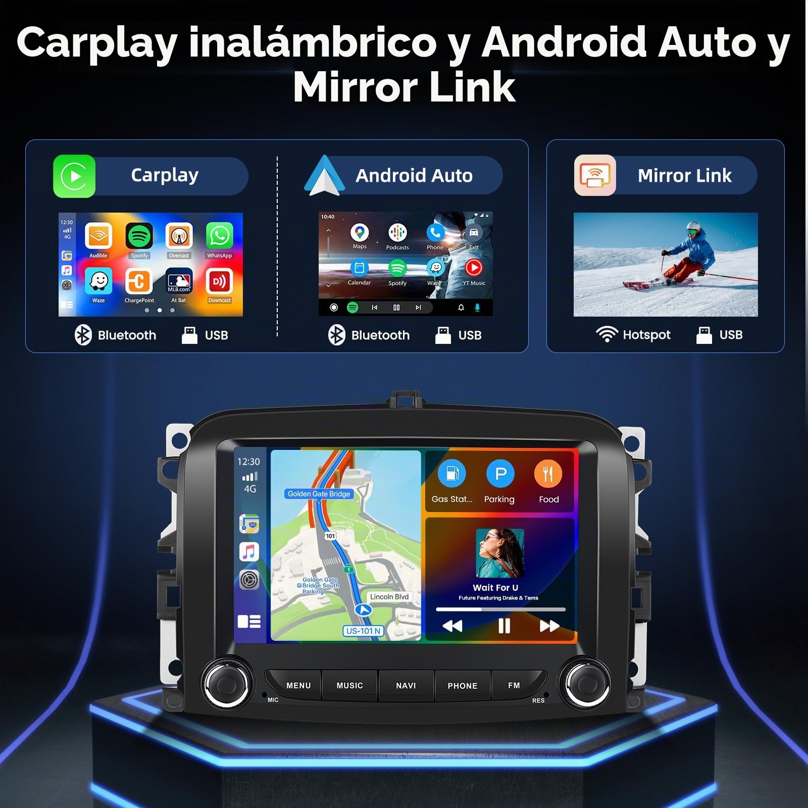 Hikity 4+64G 7" Radio Android para FIAT 500L 2012-2016 Wireless CarPlay