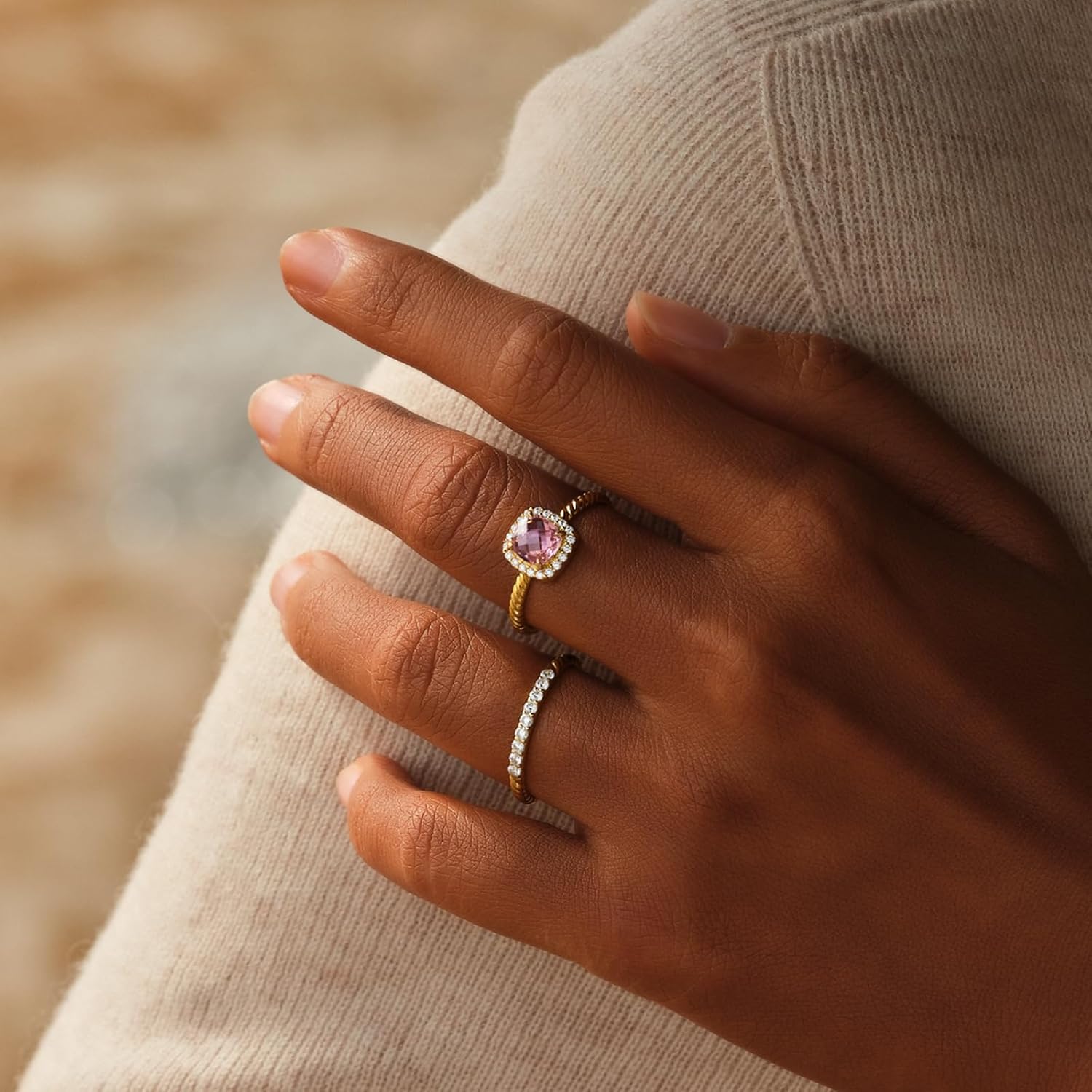 STORYJEWELLERY Pink Stone Ring, Halo Rings, Elongate Cushion Cut Engagement Ring, Cocktail Rings for Women, Gifts for Her - Image 5