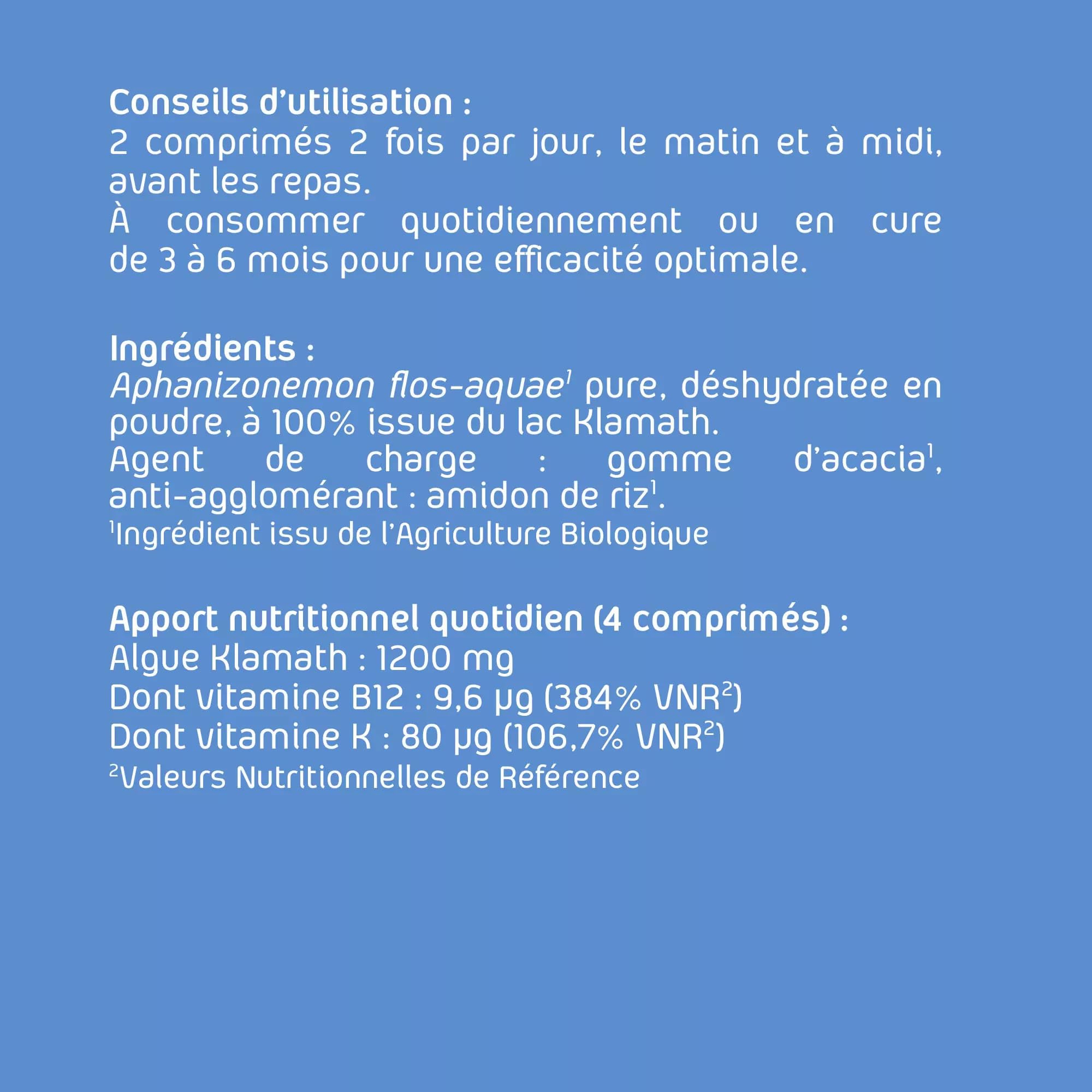 Klamath BIO - 150 comprimés - Complément Alimentaire - Humeur - Immunité - Energie mentale et physique - Vitamine B12 & Vitamine K - Phycocyanine & PEA