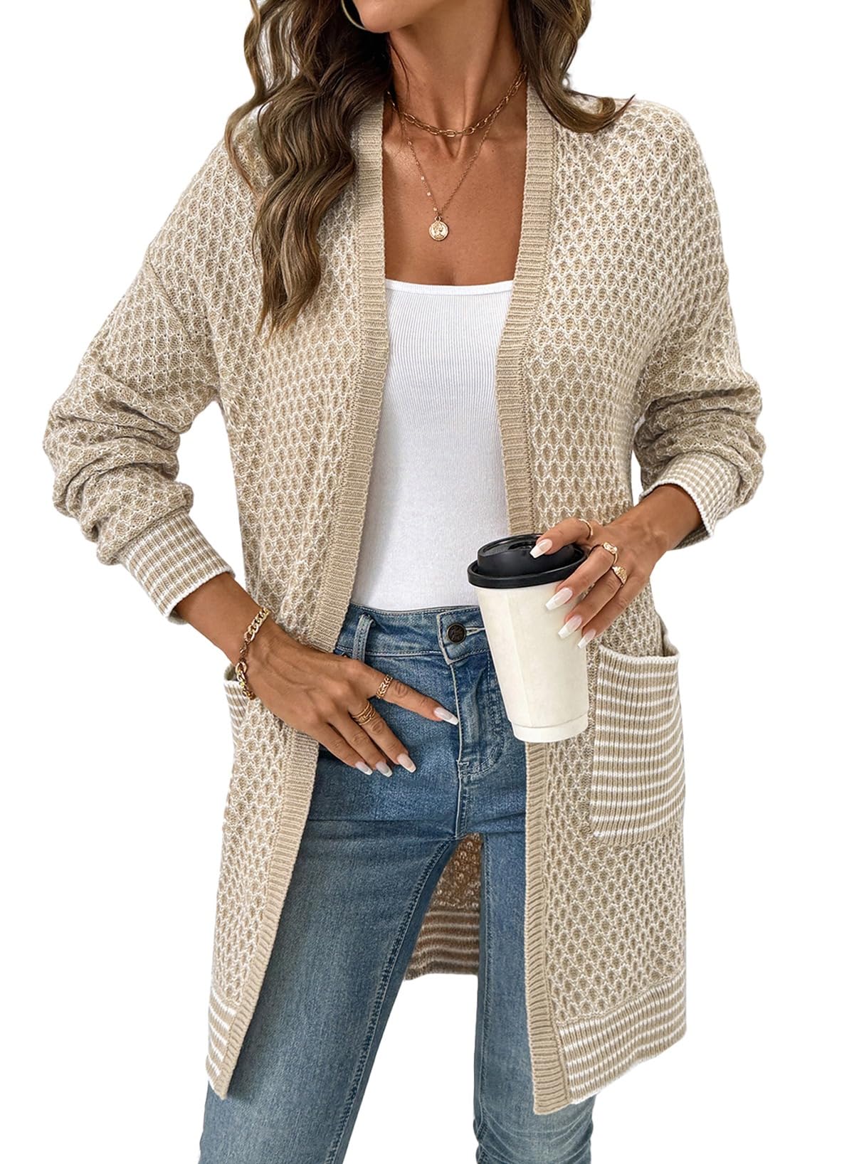 Sidefeel Womens 2025 Fall Outfits Long Sleeve Open Front Cardigan Sweaters Trendy Chunky Hexagon Knit Sweaters Coat