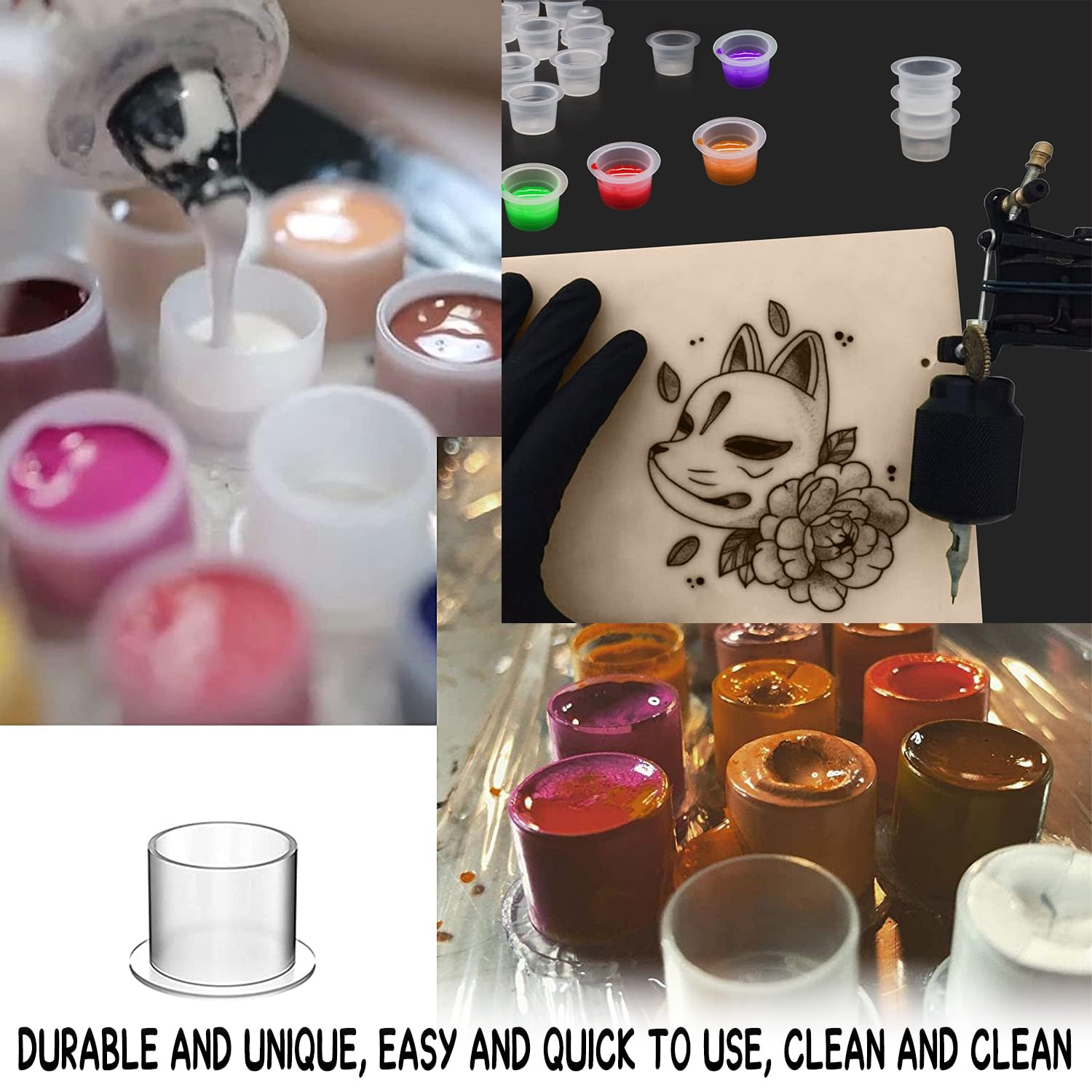 100 piezas Tazas de Tinta para Tatuajes, Tapas de Tinta de Tatuaje, Tinta de Pigmento Tazas de Tinta para Tatuajes de Plástico, Tatuar Contenedor, Kit De Accesorios para Tatuaje